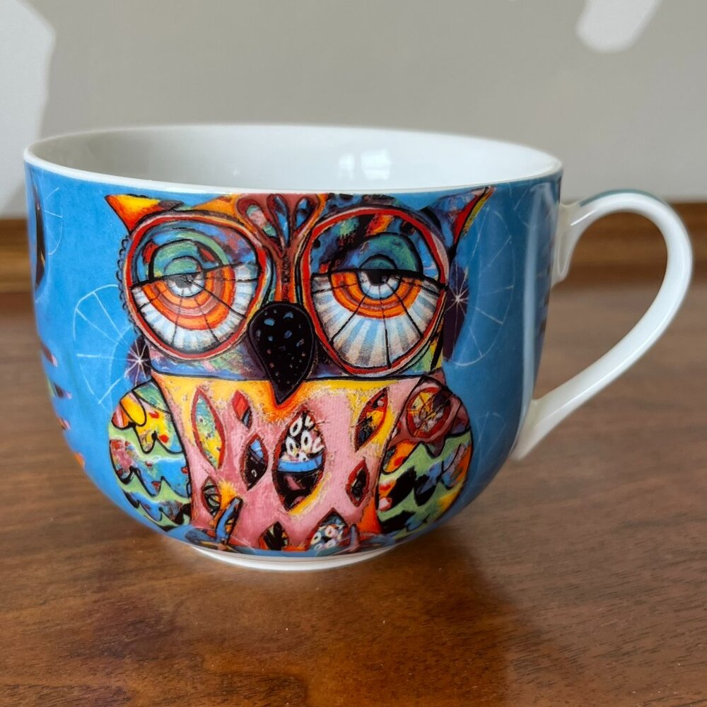 Allen Designs Groovy Owl Mug Fine China Large 16 oz Coffee Cup Blue Colorful